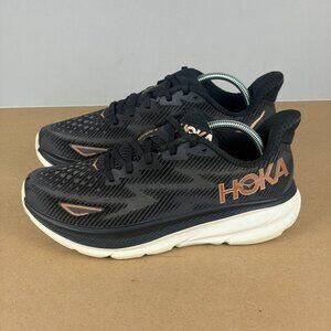 Hoka Clifton 9 Athletic Running Shoes Womens 7 Black Rose Gold Low Top Lace Up